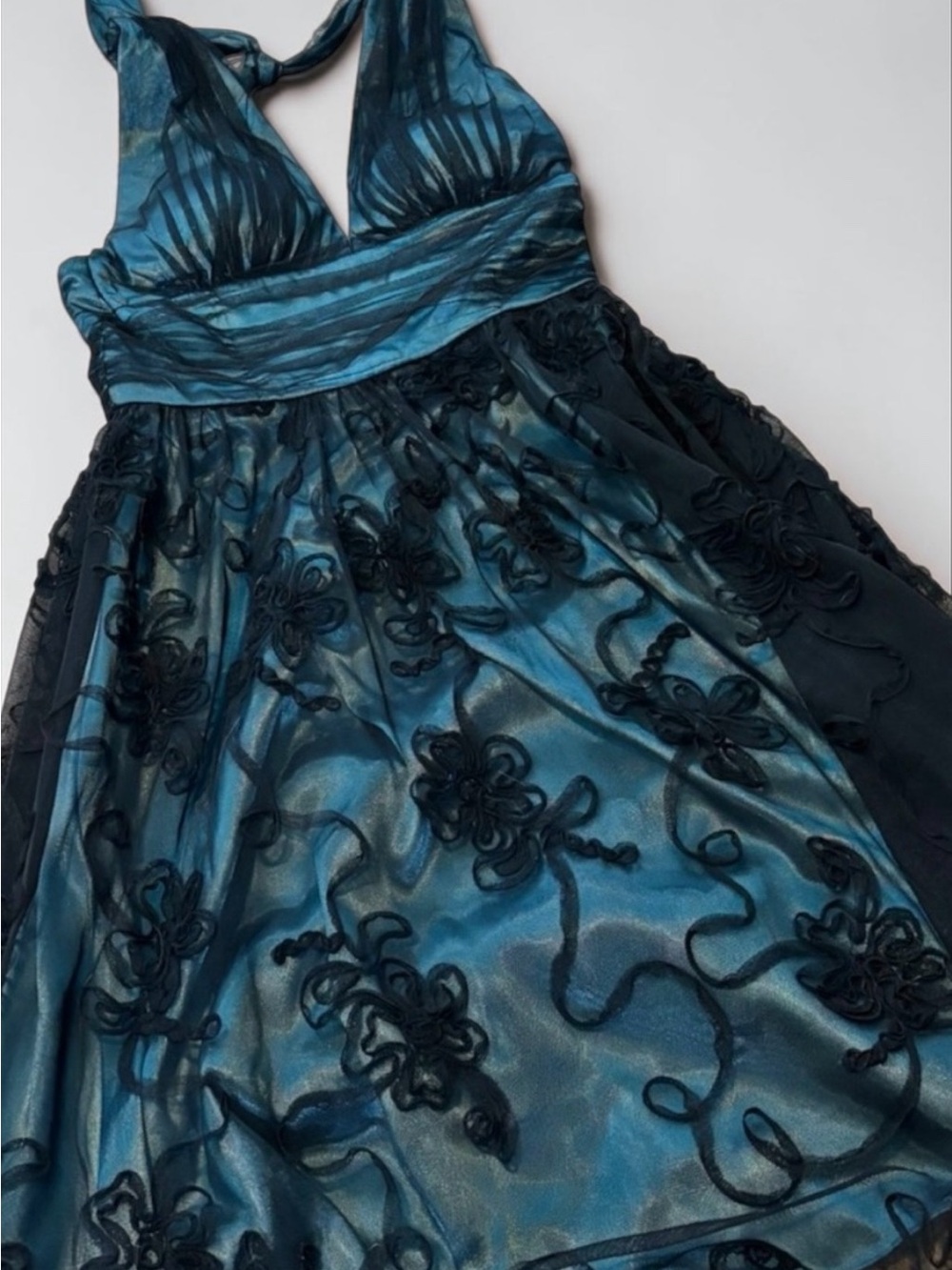 Vintage Adrianna Papell Emerald Teal Embroidered Mesh Halter Dress Y2K Fairycore